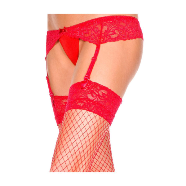 Porte-jarretelles rouge avec bas résille à jarretières dentelle 